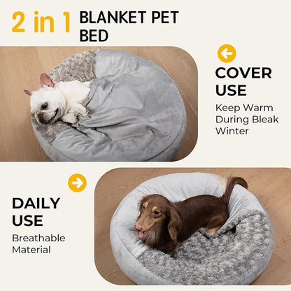 Small Dog Bed with Blanket Removable Cover Cave Washable Cat Pet Bed for Crate Toy Puppy Donut Round Plush Cozy Anti-Slip Bottom Gray 23X23X7 inch