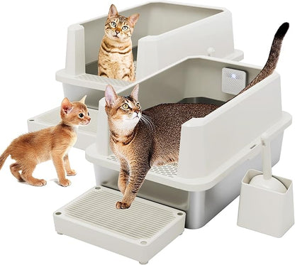 RIZZARI Stainless Steel Litter Box: Beige Leakproof Open Top Tray - Large Size Odor Control for Cats Under 20 lbs - with Deodorizer - 2 Pack - for Laundry Room Restroom
