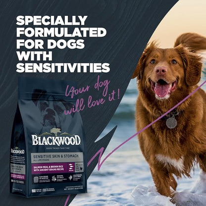 Blackwood Sensitive Skin & Stomach Dry Dog Food, Salmon Meal & Brown Rice with Ancient Grains, 4.5 Pound Bag with Prebiotics & Probiotics to Promote Gut Health
