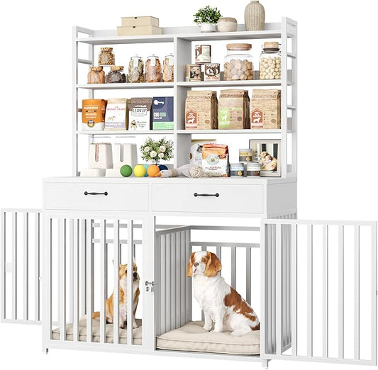 Keyluv 71''H x 47.2''W Large Dog Crate Furniture with 4-Tier Shelves and 2 Storage Drawers, Heavy Duty Dog Cage Furniture with 2 Doors, Wood & Metal Dog Kennel Indoor for Small/Medium/Large Dog, White