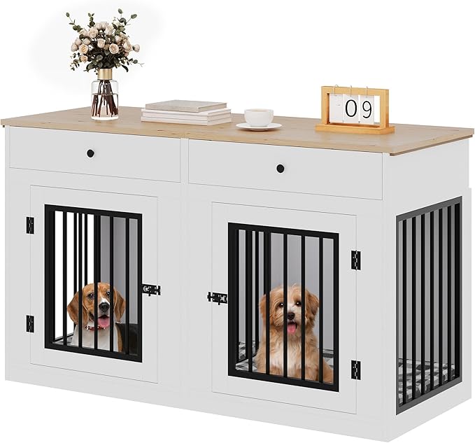 YITAHOME 60" Wooden Dog Crate Furniture with Removable Divider & Storage Drawers, Double Door Kennel with Locks for Medium and Large Dogs, Multi-Functional Dog Crate End Table for Indoor use, White