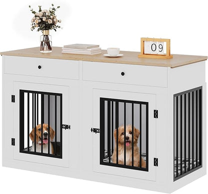 YITAHOME 60" Wooden Dog Crate Furniture with Removable Divider & Storage Drawers, Double Door Kennel with Locks for Medium and Large Dogs, Multi-Functional Dog Crate End Table for Indoor use, White