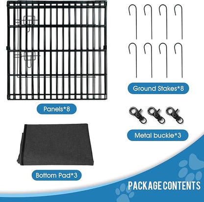 Dog Pen Pet Playpen Dog Fence Indoor Foldable Metal Wire Exercise Puppy Play Yard Pet Enclosure Indoor Outdoor 8 Panels 24 Inch with Bottom Pad/Top Cover (Black with Bottom pad)