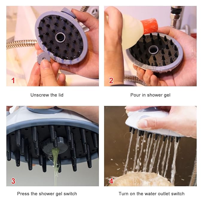 Dog Shower Scrubber Head with Dispenser, 3 in 1 Bath Grooming Brush for Washing Hose Attachment, Soft Silicone Bristle for Long Short Haired Pets