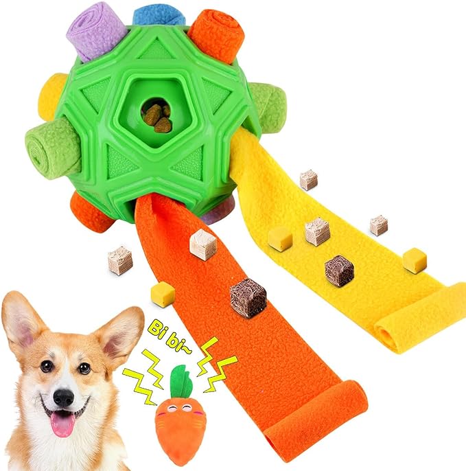 Dog Snuffle Ball-Interactive Puzzle Dog Toys Encourage Natural Foraging Skills Slow Feeder for Training and Stress Relief, Cloth Strip Hiding Food Chew Toys for Any Size Dogs with Squeaky Carrot Toy