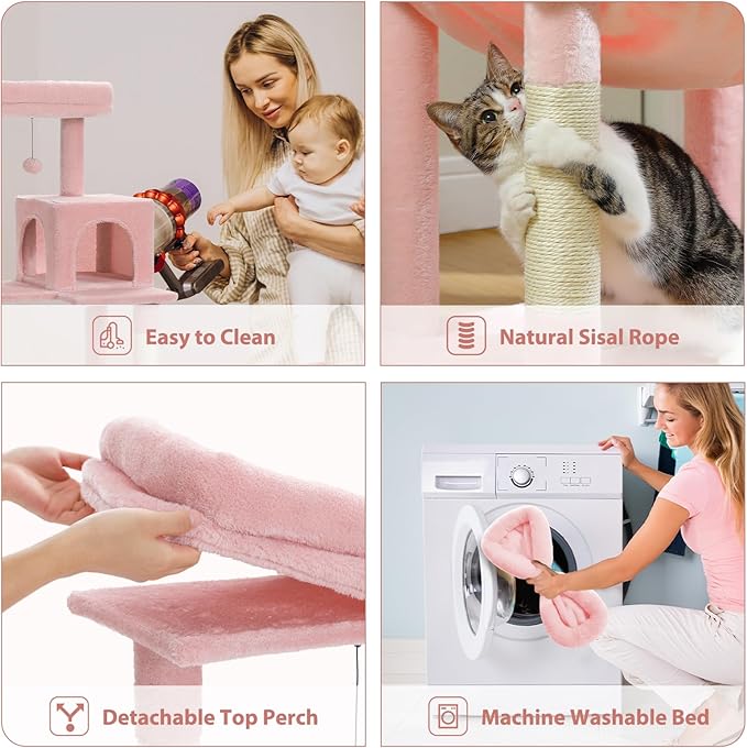 PETEPELA 56.3'' Tall Cat Tree for Indoor Cats, Multi-Level Cat Tower with Super Large Hammock (20''X16''), Sisal Covered Scratching Posts, Cozy Condo and Top Perch,Pink