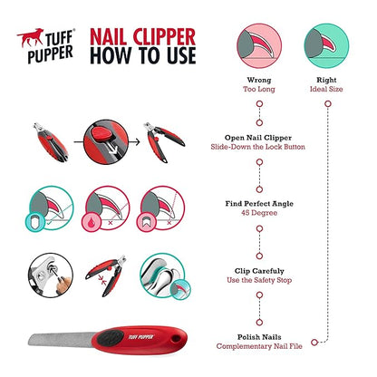 Tuff Pupper Dog Nail Clipper | Bonus Free Nail File | Razor Sharp Stainless Steel Blades | Protective Safety Guard Prevents Over-Cutting | Sturdy Non Slip Handles for Safe Grooming | Medium Large Dogs