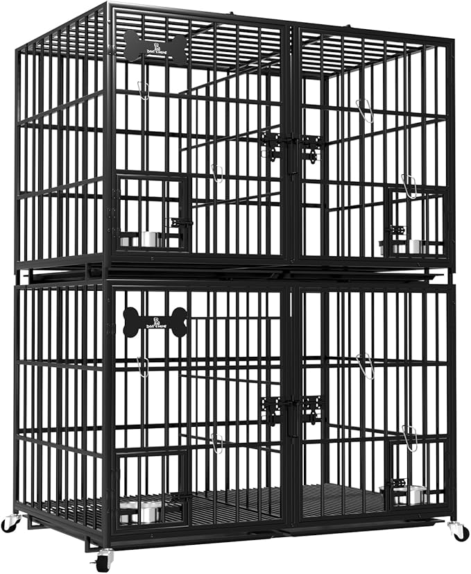 Dosker 42 inch Stackable Heavy Duty Metal Dog Crate for 4 Dogs/Large Dog,All Metal Open Top Access,Escape Proof Cage,Dog Kennel Indoor with Wheels,Floor Grid, Tray, Divider and Feeding Bowl