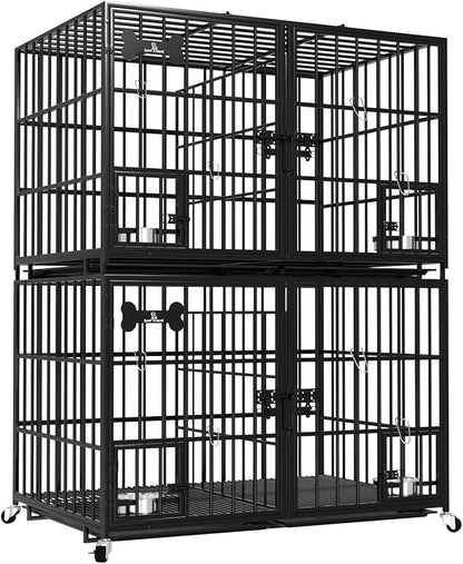 Dosker 42 inch Stackable Heavy Duty Metal Dog Crate for 4 Dogs/Large Dog,All Metal Open Top Access,Escape Proof Cage,Dog Kennel Indoor with Wheels,Floor Grid, Tray, Divider and Feeding Bowl