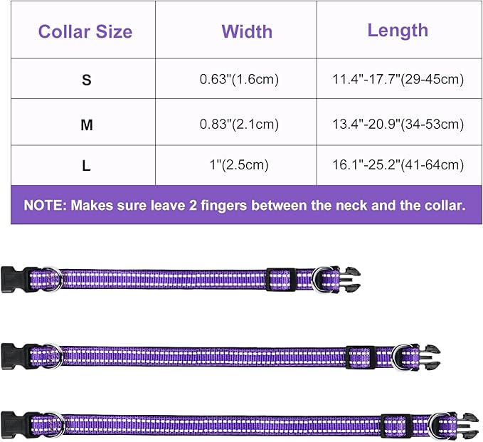 AUAUY Reflective Nylon Dog Collars, Adjustable Classic Pet Collars with Soft Neoprene Padding, Double Security Dual D-Ring and Quick Release Buckle for Small Puppy, Medium and Large Dogs (Purple-M)