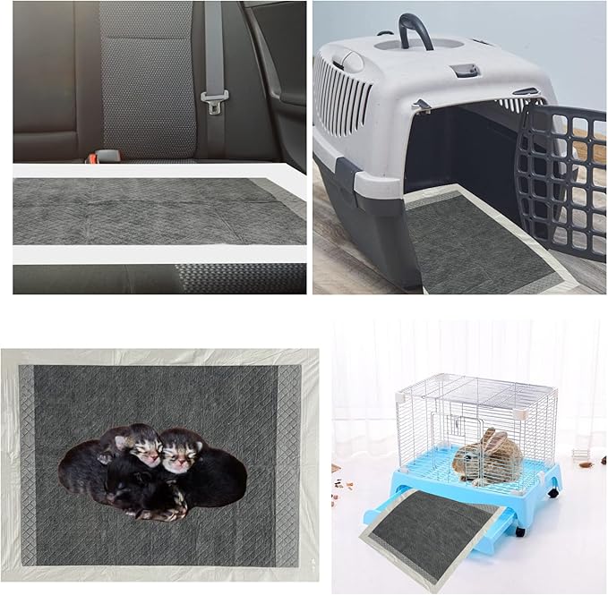 100 Pcs Disposable Rabbit Pee Pads,Pet Pees Pad Cage Black Carbon Liner,Super Absorbent Leak Proof Cushion Reduce Odor Bunny Training Accessories for Kitten Puppy Hamsters Hedgehog