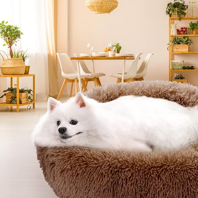 NOYAL Calming Donut Dog Bed for Small to Medium Dogs & Cats - Plush Faux Fur Anti-Anxiety Pet Bed with Machine Washable Cover & Non-Slip Base