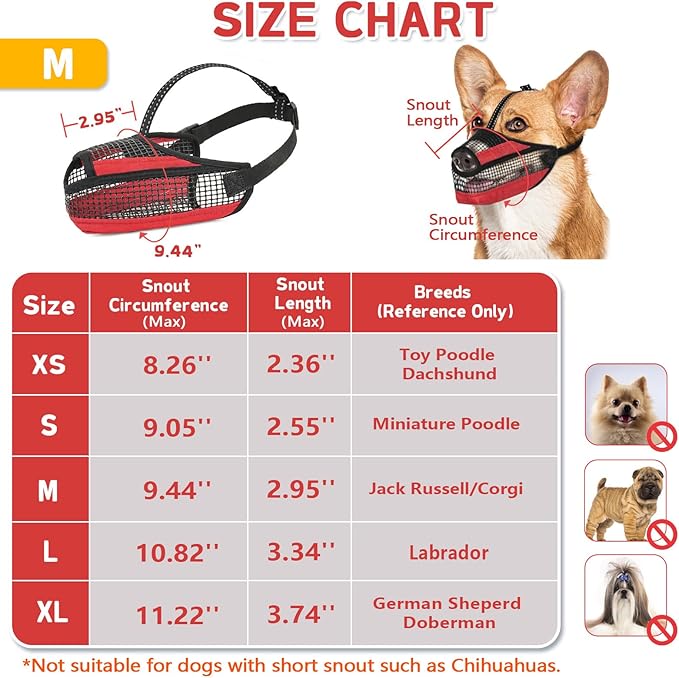 Dog Muzzle for Large Medium Small Dogs, Soft Mesh Muzzle for Dogs with Reflective Adjustable Strap, Prevent Biting Chewing and Licking, Dog Nose Open Design for Reduction Friction (Red, M)