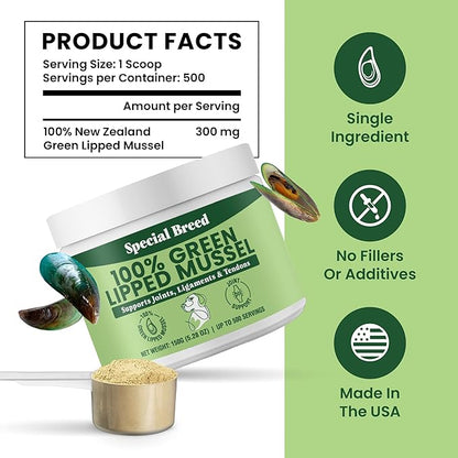 Green Lipped Mussel Powder for Dogs & Cats - 100% New Zealand Green Lipped Mussels - Natural Hip & Joint Supplement for Joints, Tendons, Ligaments, Muscles - 150 Grams - Up to 500 Servings
