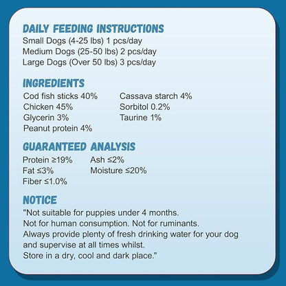 Chicken Wrapped Cod Sticks Dog Treats, Rawhide Free Dog Chewy Natural Training Rewards Snacks Dog Treats for Small Medium Large Dogs 15-17 Counts