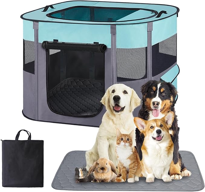 Portable Dog Playpen,Foldable Dog Cat Kennel Tent Cage,Dog Cat Rabbit Crates for Travel Water-Resistant Breathable Shade Cover,Indoor Outdoor Travel Camping Use for Small Puppy Pet Green L