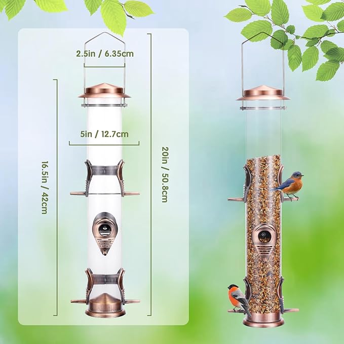 MIXXIDEA Metal Wild Bird Feeder, Squirrel Proof, Hanging 6 Port Tube Finch Feeder for Attracting Birds in Lawn, Garden, Balcony - Antique Copper