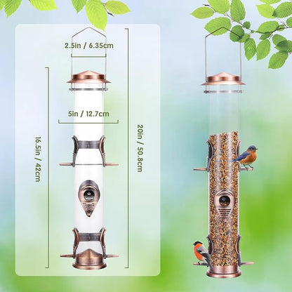 MIXXIDEA Metal Wild Bird Feeder, Squirrel Proof, Hanging 6 Port Tube Finch Feeder for Attracting Birds in Lawn, Garden, Balcony - Antique Copper