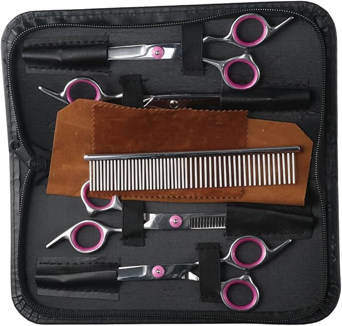 Dog Grooming Scissors, Stainless Steel 5 in 1 Dog Grooming Scissors, with Safety Round TipsProfessional Dog Grooming Kit(Blue)