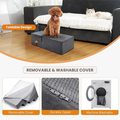 Niubya Dog Stairs for Small Dog, Dog Steps for High Beds and Couch,18”H Non-Slip Bottom Pet Stairs for Small Dogs and Cats,High-Density Foam Pet Steps Grey, 4 Steps