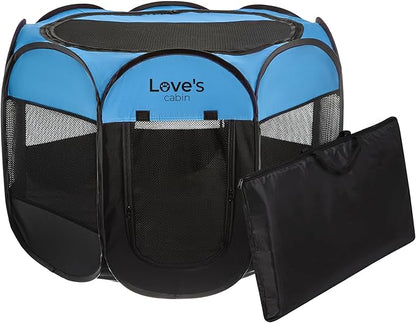 Love's cabin Pet Puppy Dog Playpen, Large Dog Tent Crates Cage Indoor/Outdoor, Portable Playpen for Cat, Foldable Pop Up Dog Kennel Playpen with Carring Case, Removable Zipper Top, Blue