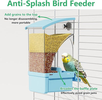 Hamiledyi Automatic Bird Feeder No Mess Bird Cage Feeder Transparent Acrylic Parrot Seed Food Container with Perch Cage Accessories for Parakeet Finch Lovebirds Budgies Canary (Blue)