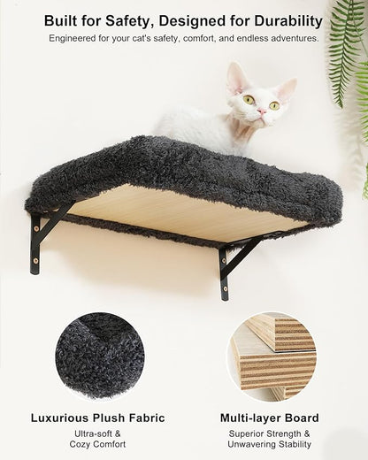 FUKUMARU Cat Wall Shelves, Stable 3-in-1 Wall Mounted Tree Set, Wooden Cats Furniture with Scratching Post, Space Saving Climbing Wall for 16 Inch Drywall - Gray