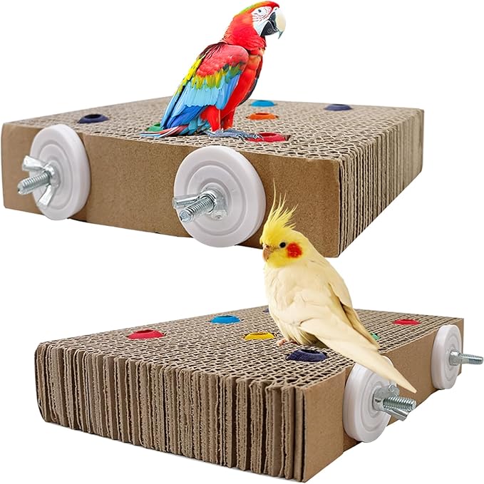 2PCS Bird Chew Toys Parrot Cardboard Perch for Cage Bird Resting Platform Stand with Colorful Beads Parrot Playground Exercise Toys Parakeets Cage Accessories for Conures, Budgies