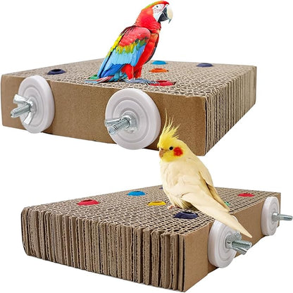 2PCS Bird Chew Toys Parrot Cardboard Perch for Cage Bird Resting Platform Stand with Colorful Beads Parrot Playground Exercise Toys Parakeets Cage Accessories for Conures, Budgies