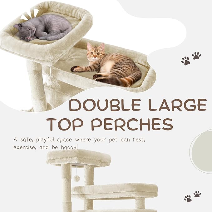 Cat Tree, 80-Inch Large Cat Tower with 9 Scratching Posts, 2 Perches, 2 Caves, 2 Basket, 2 Stairs, Extra Large Hammock, Pompoms, Multi-Level Plush Cat Condo for Indoor Cats/Beige