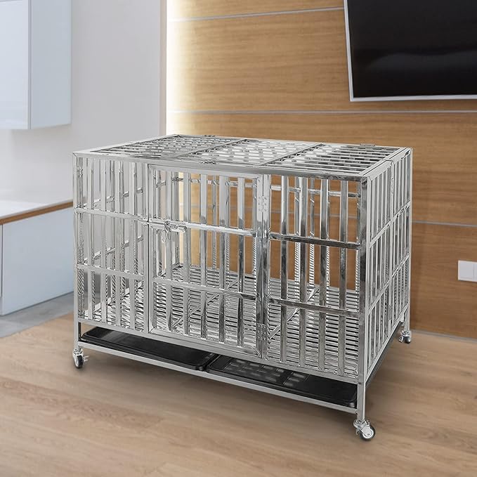 42 Inch Heavy Duty Dog Crates for Large Dogs, Stainless Steel Indestructible Dog Kennel Indoor, XL Large Dog Crate Cage with Lockable Rolling Wheels, Double Door and Removable Tray