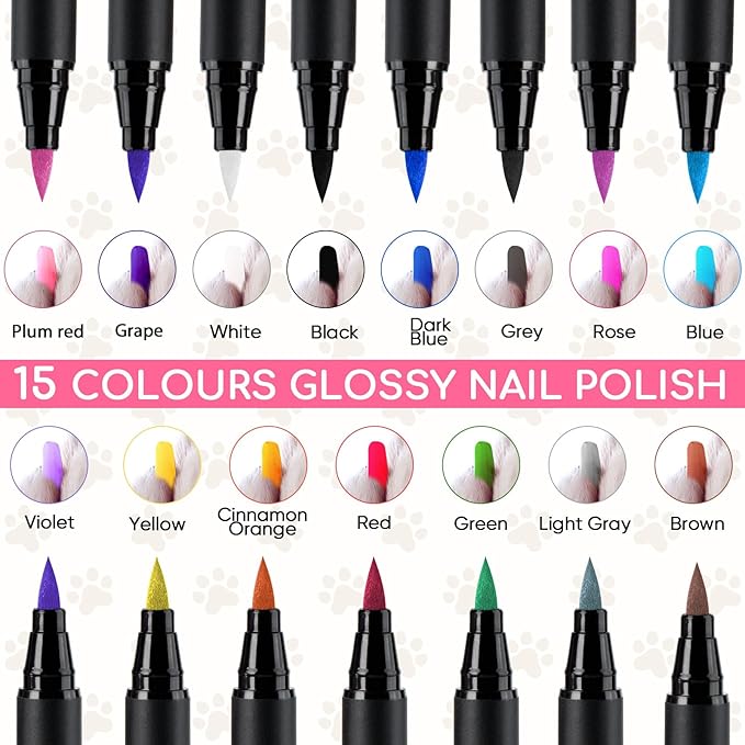 15 Colors Dog Nail Polish Pens Quick Dry, Pet Nail Polish Set for Dogs DIY Dogs Puppy Nails, Dog Safe Nail Polish Non Toxic, Odorless, Easy to Apply