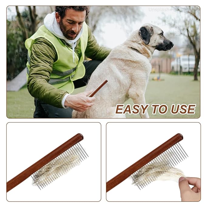 2pcs Solid Wood Grooming Combs with Wide & Narrow Rounded-Tip Steel Teeth - Metal Flea & Lice Comb for Dogs, Cats, Small & Medium Pets' Tangled Hair