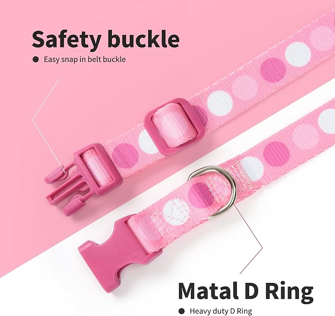 Mile High Life Dog Collar | Cute Puppy Collars | Lightweight Girl Dog Collar | Soft Boy Dog Collars | w Geometric Plaid Wave Line Pattern (Pink Big Dots, Large)