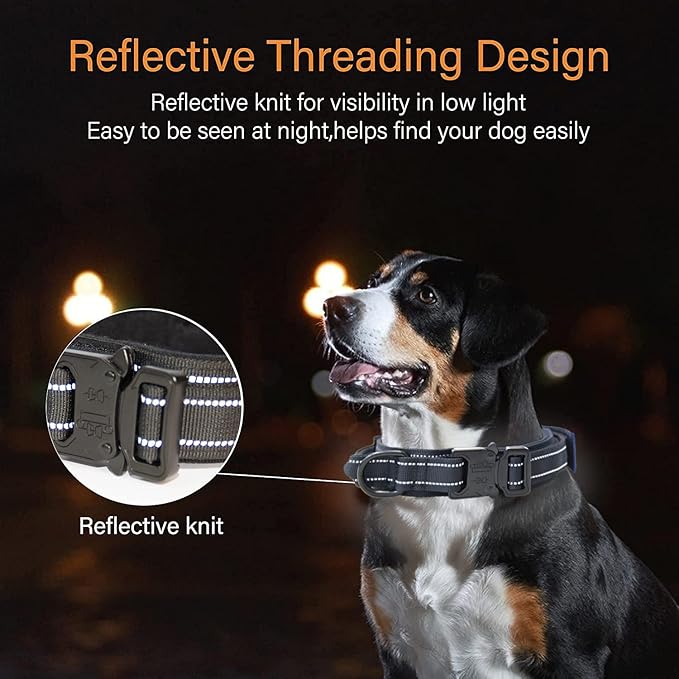 KCUCOP Tactical Dog Collar, Heavy Duty Dog Collar with Handle and Metal Buckle, Military Thick Dog Collars for Medium and Large Dogs(Black-M-Reflective, 1 Patch)