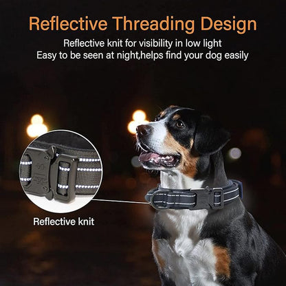 KCUCOP Tactical Dog Collar, Heavy Duty Dog Collar with Handle and Metal Buckle, Military Thick Dog Collars for Medium and Large Dogs(Black-L-Reflective, 1 Patch)