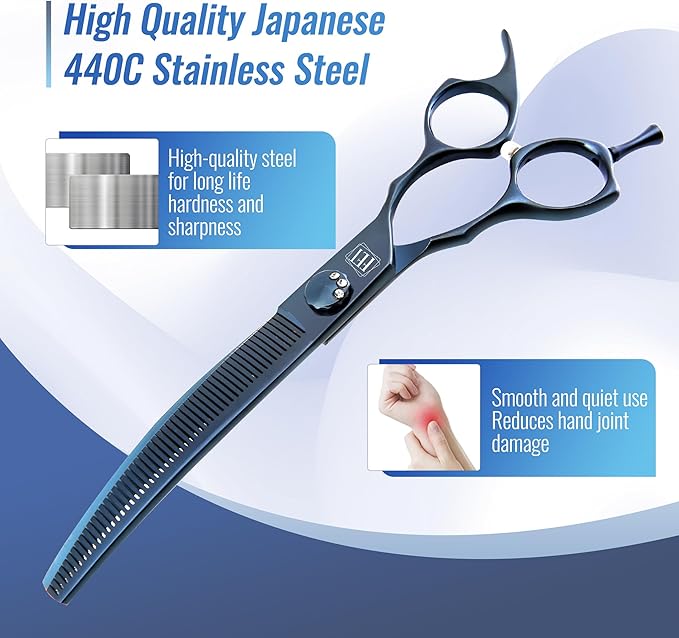 Dog Grooming Scissors: 7" Curved Thinning Pet Shears Made Of Japanese 440C for Trimming Dogs Cats and Other Pets face and paws Haze Blue