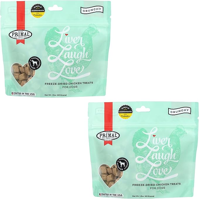 Primal Freeze Dried Dog Treats; Chicken Liver Dog Treats with Probiotics for Dogs; Liver, Laugh, Love; Crunchy Grain Free Training Treats for Dogs, 1.5 oz (Pack of 2)