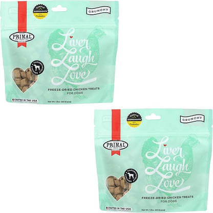 Primal Freeze Dried Dog Treats; Chicken Liver Dog Treats with Probiotics for Dogs; Liver, Laugh, Love; Crunchy Grain Free Training Treats for Dogs, 1.5 oz (Pack of 2)