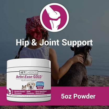 Vet Classics ArthriEase-Gold Hip & Joint Support for Dogs, Cats Pet Health Supplement Powder  Alleviates Aches, Discomfort  For Flexibility, Healthy Joint Function  Antioxidants  5 Oz