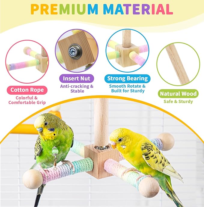 Bird Perch Toy for Parakeets Cockatiel, 360° Rotating Interactive Toy with Small Platform for Parrots Budgie Conures Play Exercise Stand, Enrichment Wooden Bird Cage Accessories -Flower