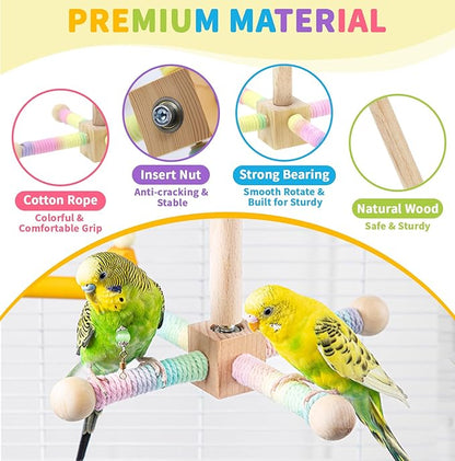Bird Perch Toy for Parakeets Cockatiel, 360° Rotating Interactive Toy with Small Platform for Parrots Budgie Conures Play Exercise Stand, Enrichment Wooden Bird Cage Accessories -Flower