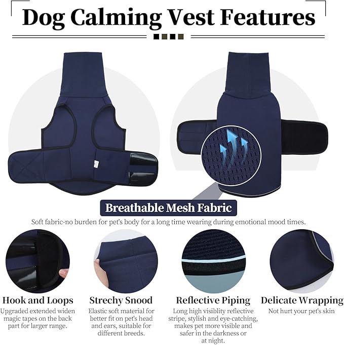ROZKITCH Anti-Anxiety Dog Shirt, Breathable Pet Vest for Storms & Fireworks, Dog Calming Hoodie with Ear Cover for Separation Relief NavyBlue XL