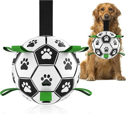 QDAN Dog Toys Soccer Ball with Straps, World Cup Interactive Dog Toys for Tug of War, Puppy Birthday Gifts, Dog Tug Toy, Dog Water Toy, Durable Dog Balls for Medium Large Dogs（8 Inch）