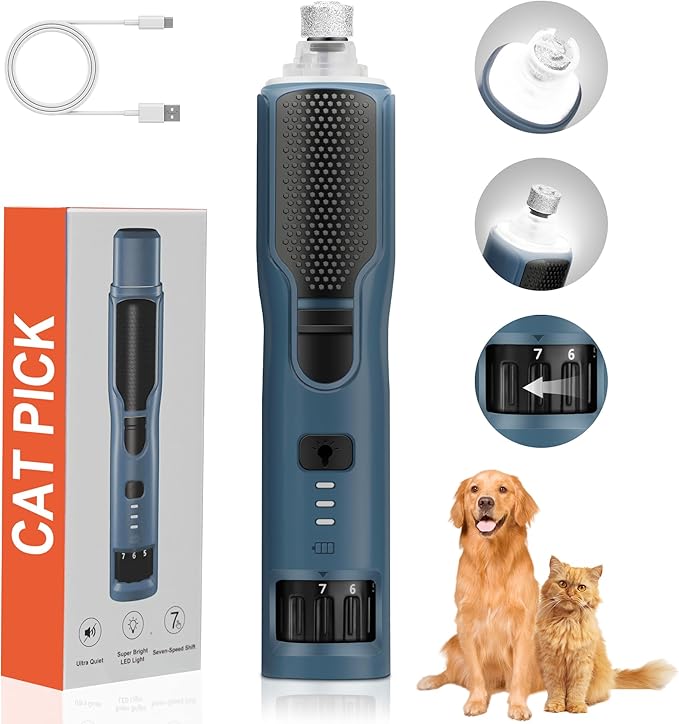 7-Speed 360° LED Strong Light Dog Nail Grinder Quiet Cat Nail Grinder Dog Nail Trimmers for Large Medium Small Dogs Cats Pets Claw Trimmer Quick Dog Nail Clipper