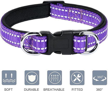 AUAUY Reflective Nylon Dog Collars, Adjustable Classic Pet Collars with Soft Neoprene Padding, Double Security Dual D-Ring and Quick Release Buckle for Small Puppy, Medium and Large Dogs (Purple-S)