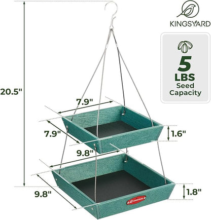 Kingsyard 2 Tier Platform Bird Feeders for Outdoors Hanging, 5 lbs Large Capacity Recycled Plastic Flat Mealworm Bird Feeder Tray, Garden Decoration Attracting Cardinal Blue Jay, Green