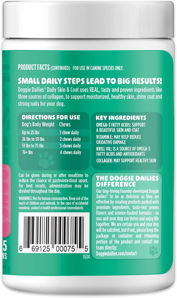 Doggie Dailies Skin & Coat Supplement Support, Salmon Oil for Dogs Skin and Coat with Collagen, Omega 3, Krill Oil, Biotin, & Coconut Oil for Dogs (Duck) 225 Soft Chews