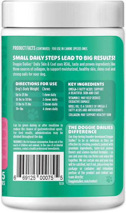 Doggie Dailies Skin & Coat Supplement Support, Salmon Oil for Dogs Skin and Coat with Collagen, Omega 3, Krill Oil, Biotin, & Coconut Oil for Dogs (Duck) 225 Soft Chews