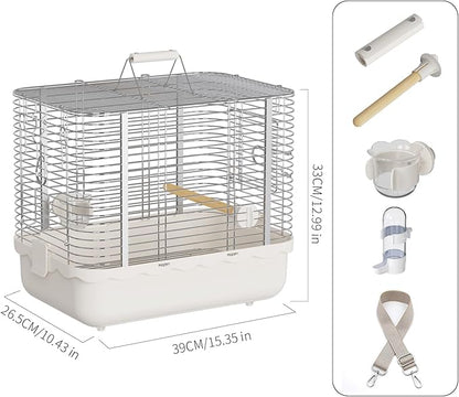 Bird Carrier Travel Cage, Durable Portable Stainless Steel Birdcage with Bird Perch & Feeding Bowl for Parrots Canaries Budgies Lovebirds Conures Cockatiels (Large White)